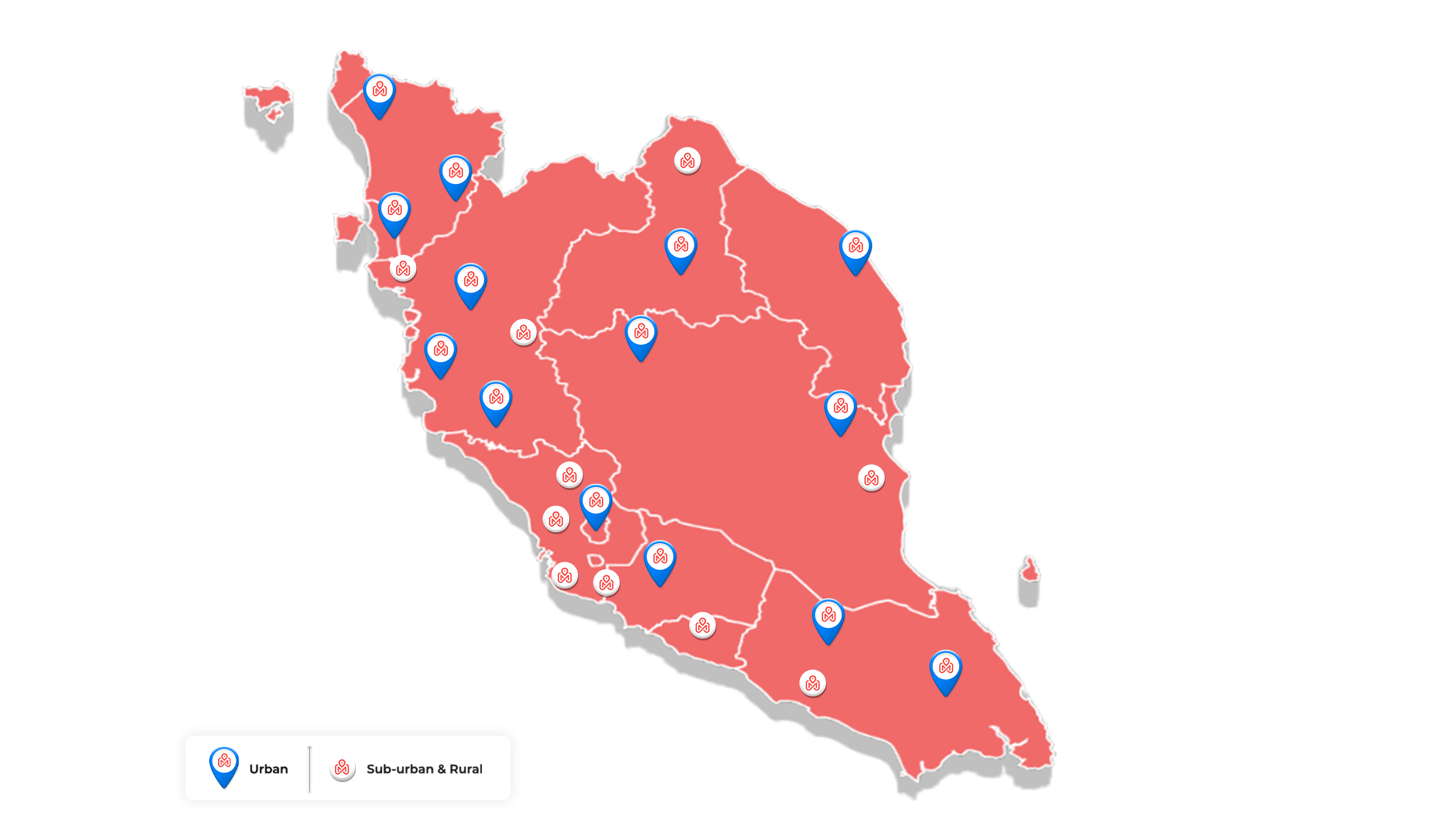 Malaysia coverage map with Urban / Sub-urban & Rural legend